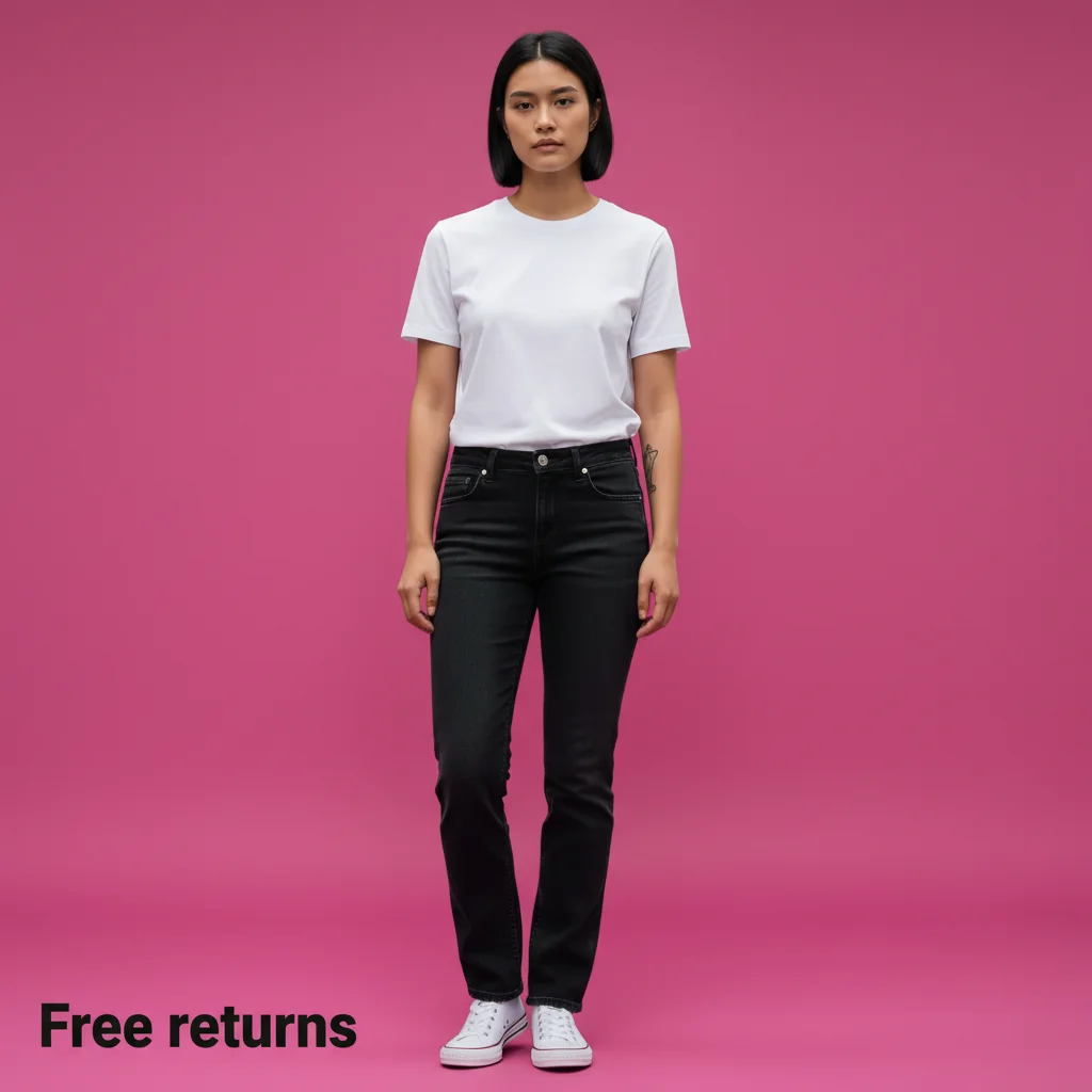 Profile • Brand color wash • Full body • “Free returns” (bottom-left)