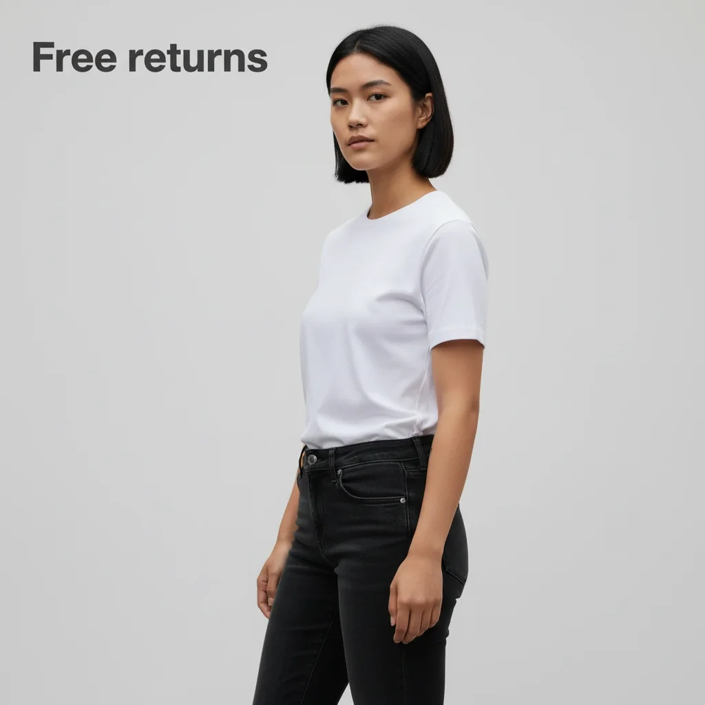 Profile • Brand color wash • Tight portrait • “Free returns” (top-left)