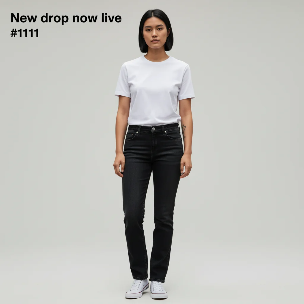 Front • Studio clean • Tight portrait • “New drop now live” (top-left)