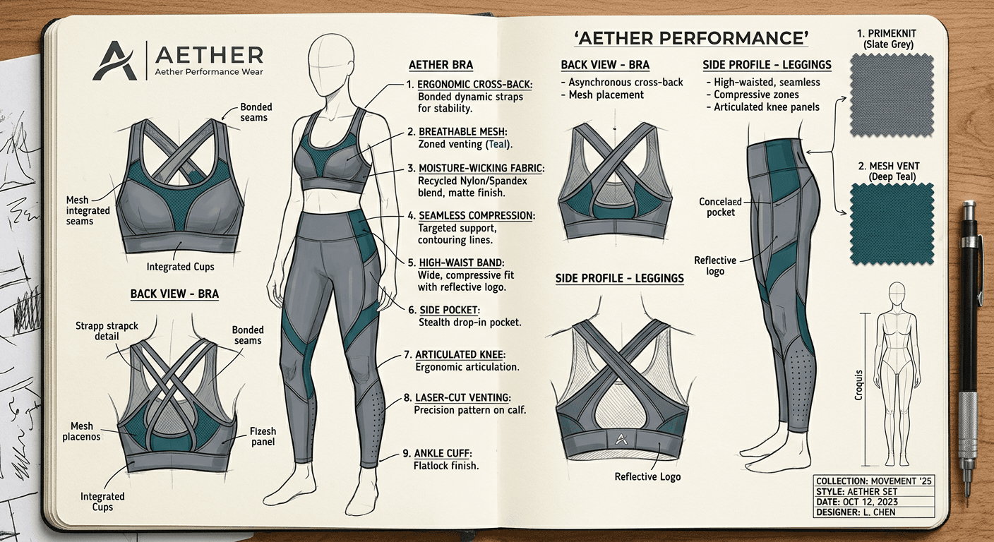 Initial sketch and raw conceptual flat of activewear design before AI processing