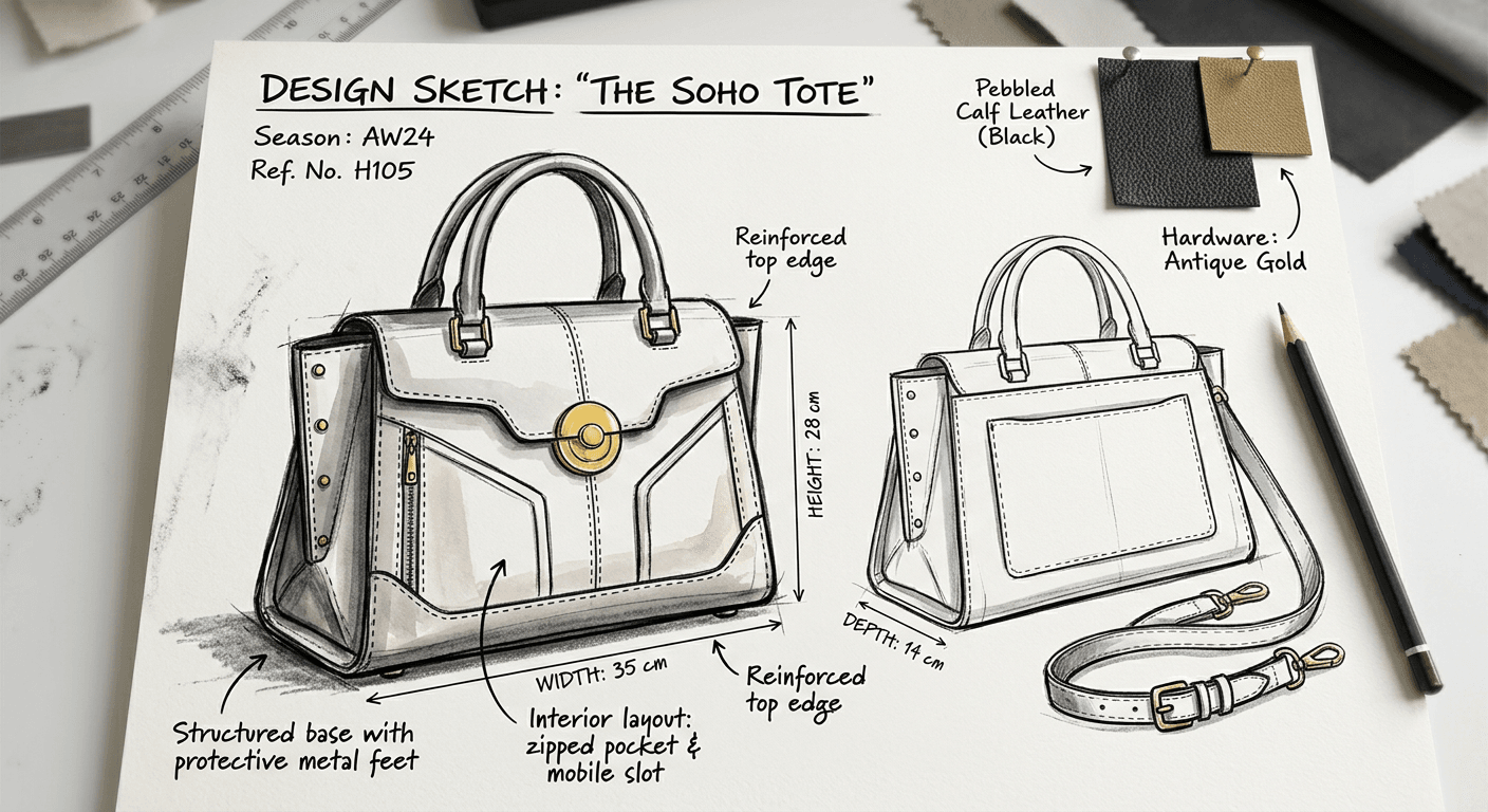 Original Convert handbag and bag design sketches into photorealistic product images. See leather goods before crafting prototypes.