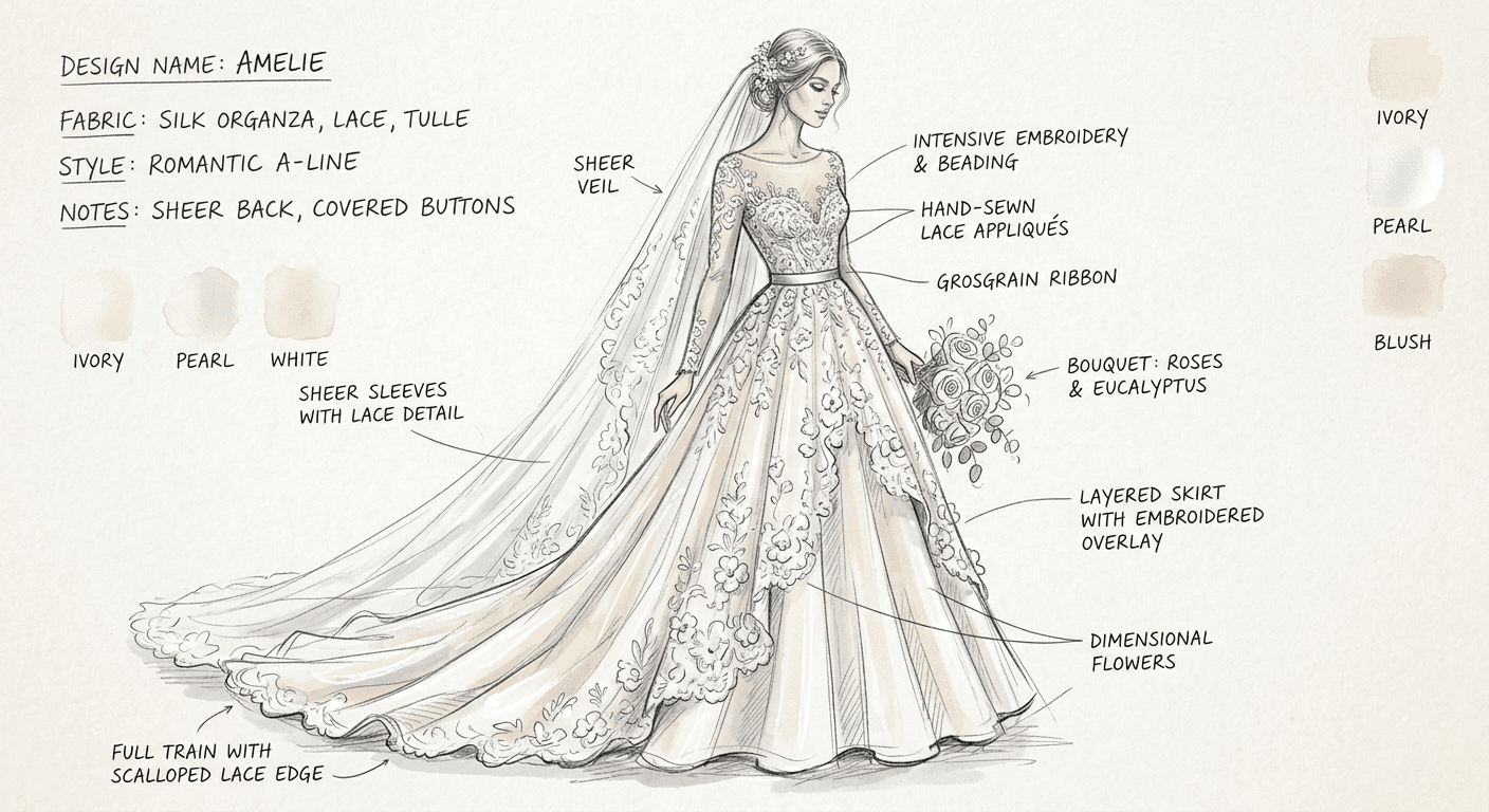 Original Transform bridal gown sketches into photorealistic images. Help brides visualize their dream dress before the first stitch.