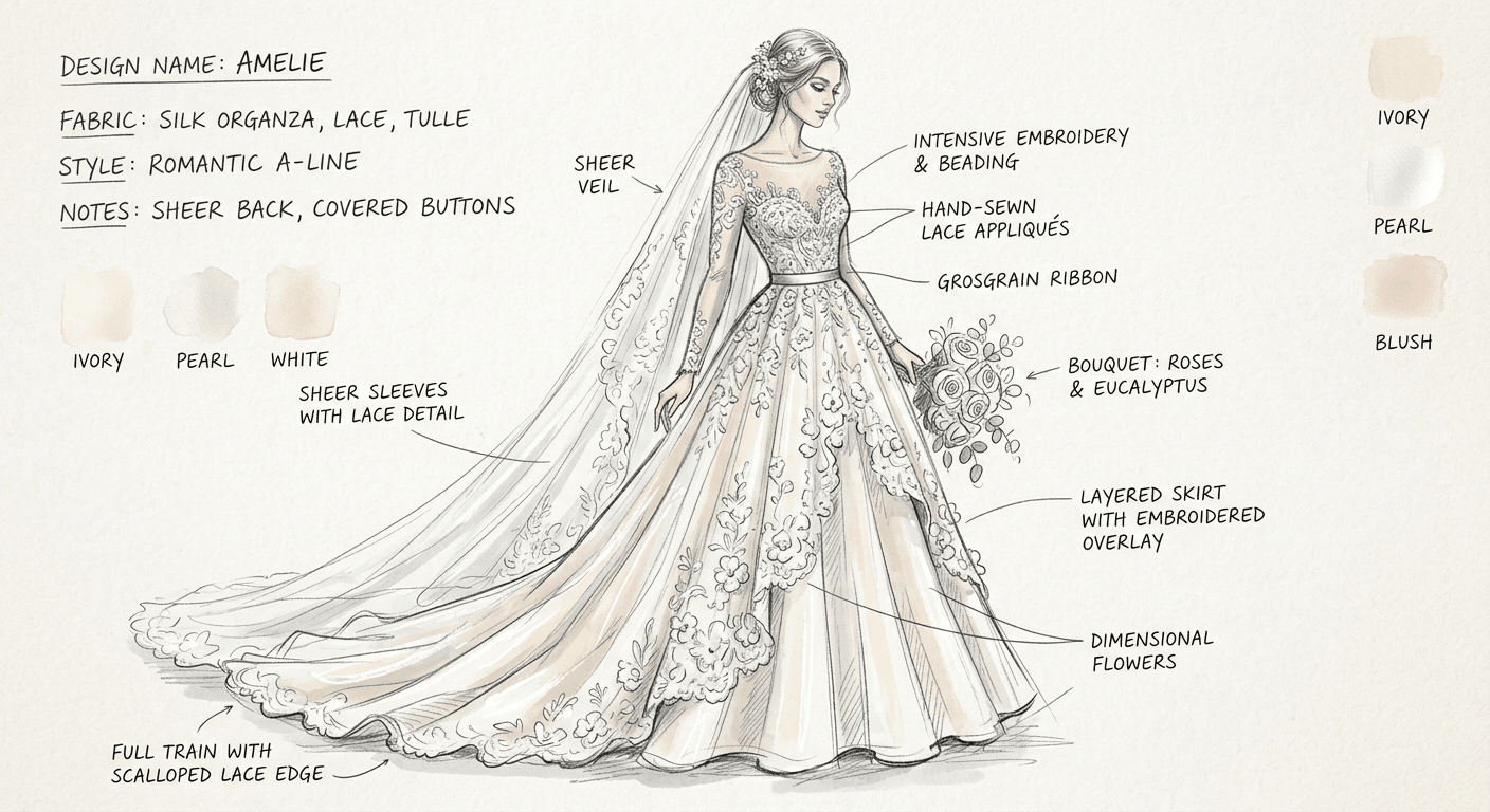 Original Transform bridal gown sketches into photorealistic images. Help brides visualize their dream dress before the first stitch.