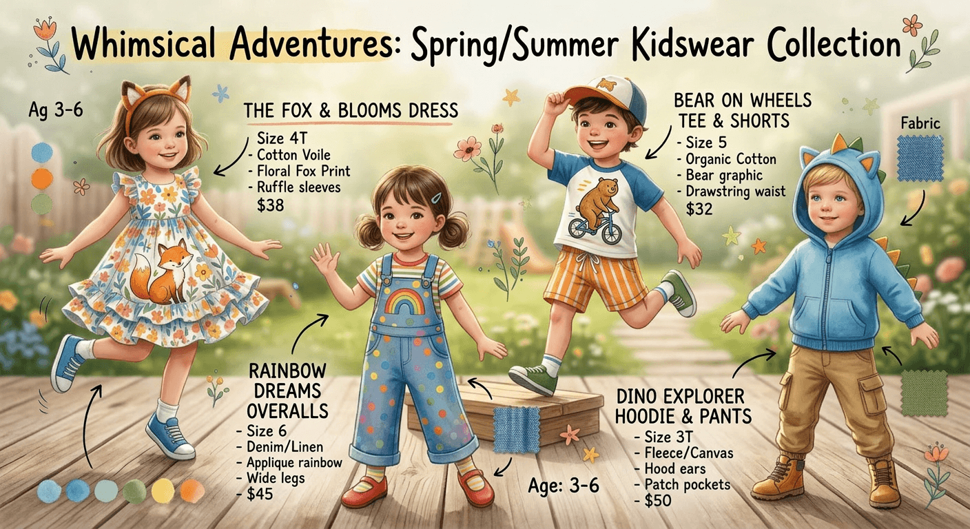 AI Rendered Convert children's wear design sketches into cute, realistic product images. Visualize kids collections before sampling.