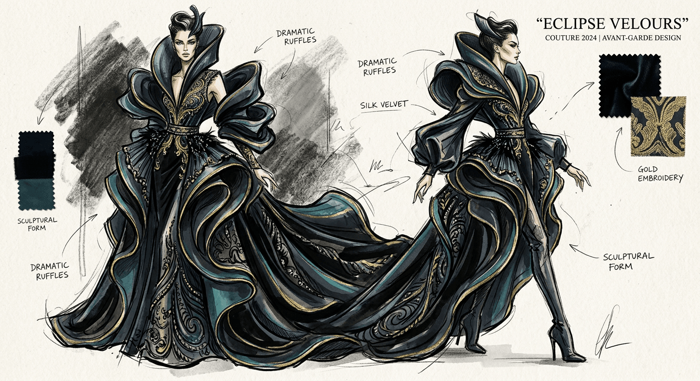 Original Bring haute couture design sketches to life. See elaborate gowns and couture pieces as if they were already created.