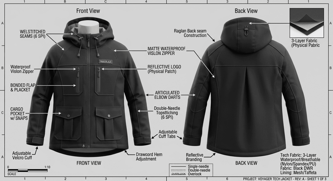 Photorealistic 3D AI garment visualization generated from the 2D flat drawing, showing realistic fabric drape, lighting, and texture