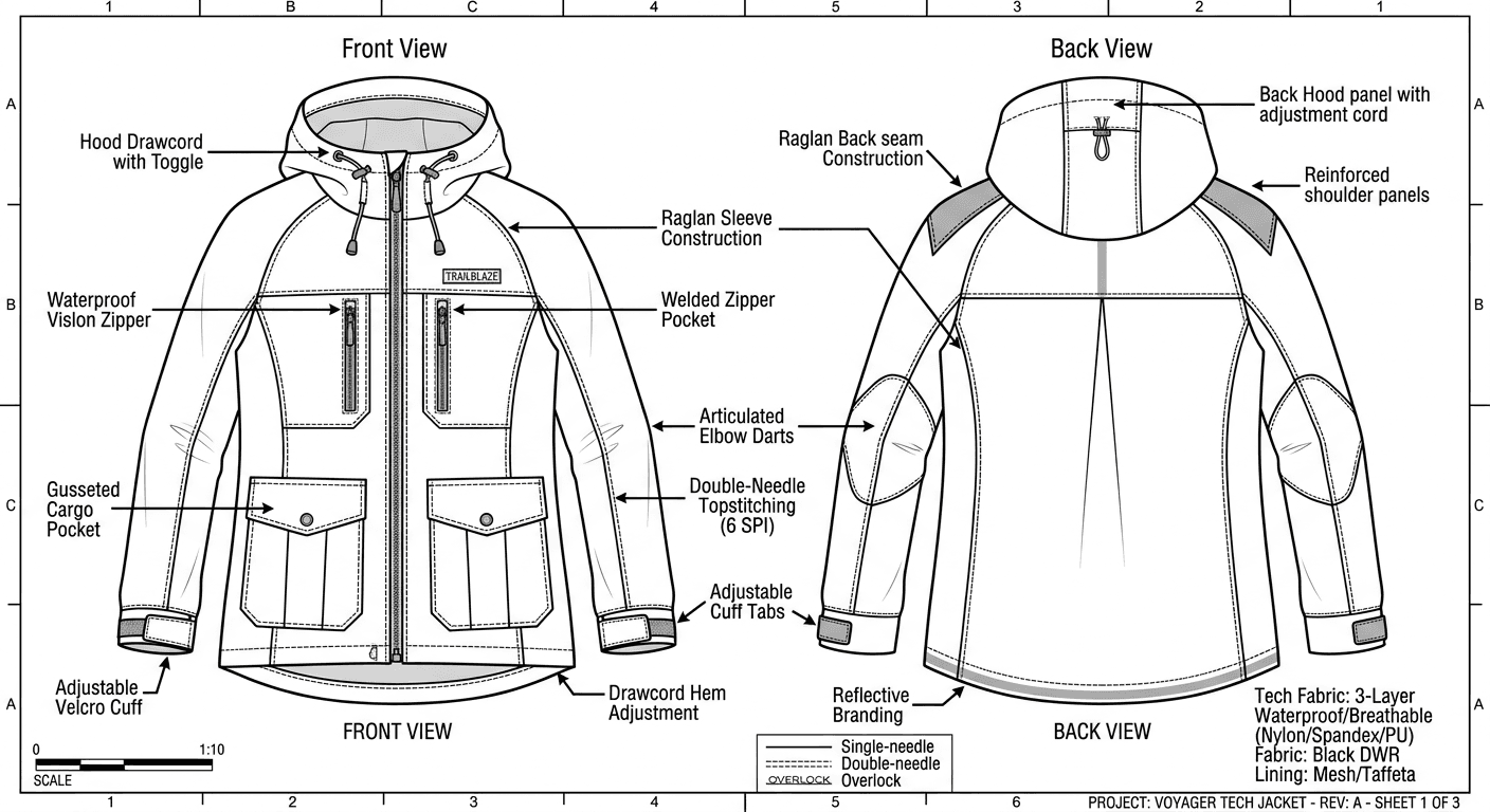Original 2D technical garment flat drawing of a modern top, showcasing seam lines and flat proportions