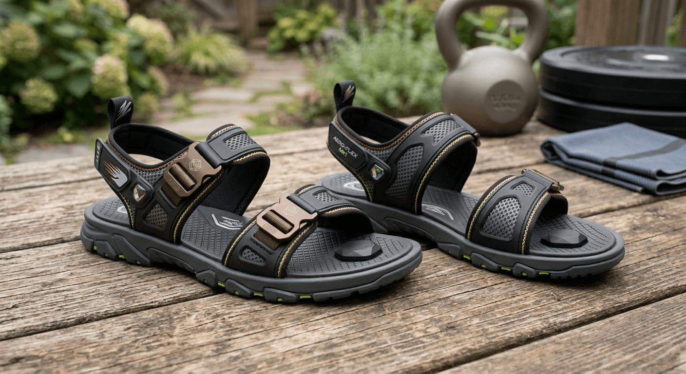 Hyper-realistic AI generated gym style sandal featuring advanced materials and lighting