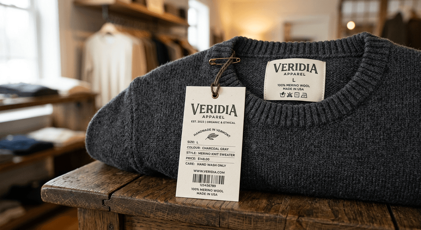 Original Preview woven labels, hang tags, and care labels on actual garments. See branding before ordering.