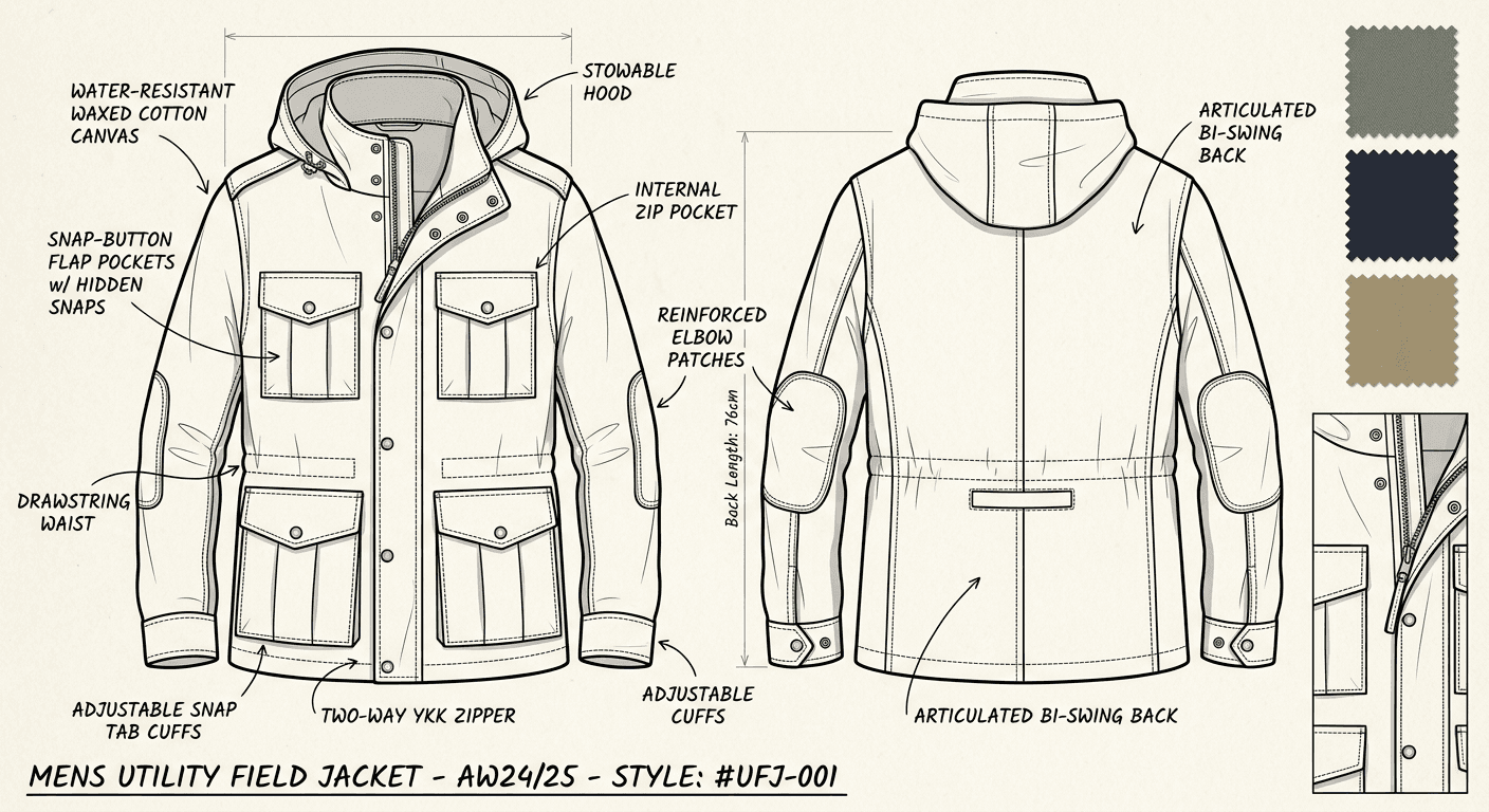 Original Convert menswear design sketches to photorealistic images. Suits, casual wear, and everything in between.