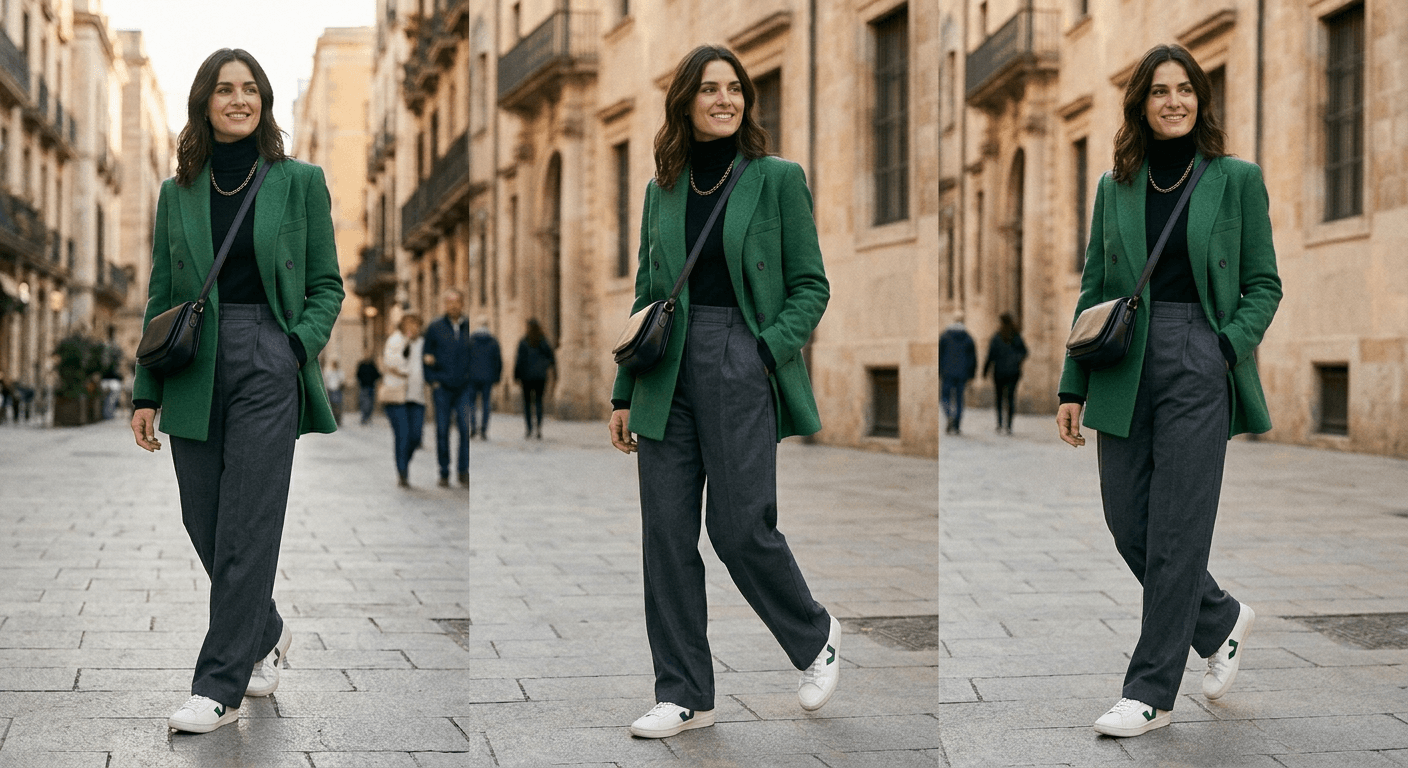 AI Rendered Generate different model poses for the same outfit. Standing, walking, sitting, and dynamic poses from one photo.