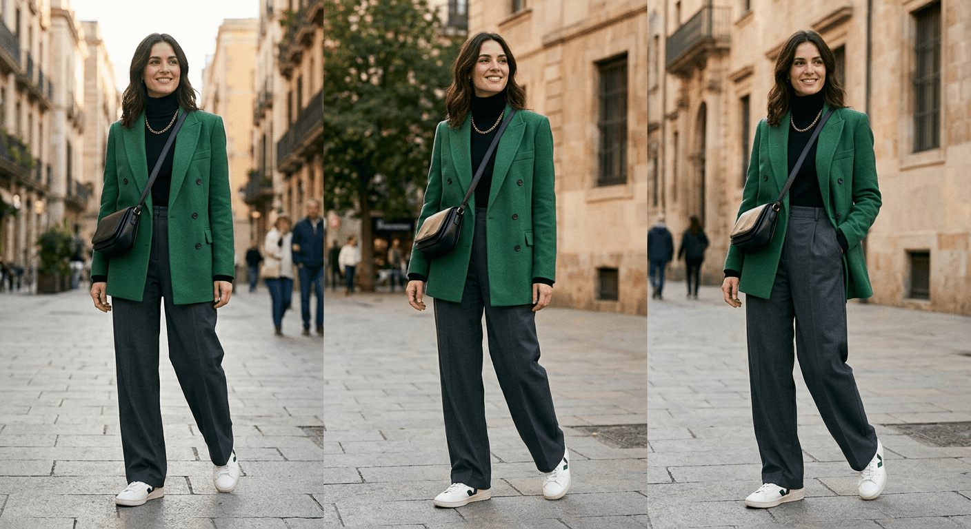 Original Generate different model poses for the same outfit. Standing, walking, sitting, and dynamic poses from one photo.