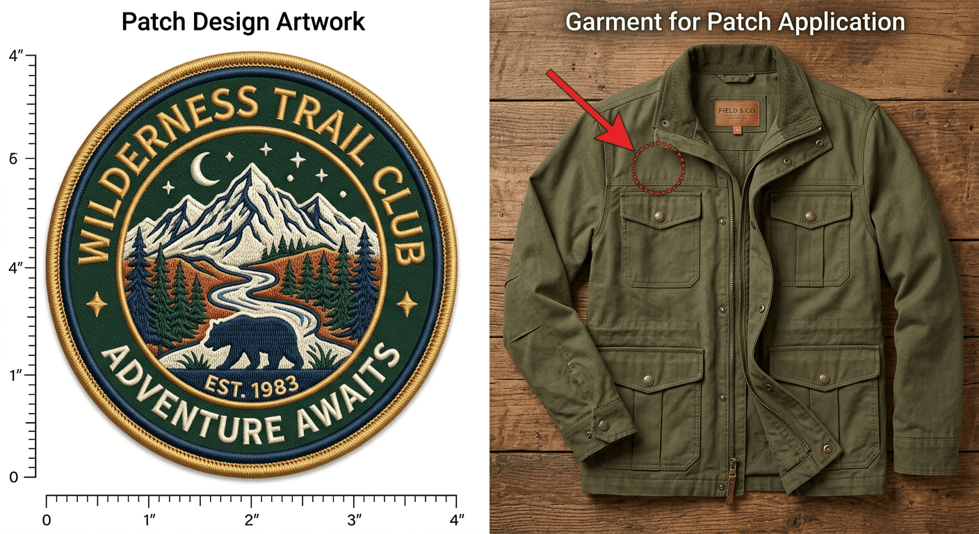 Original Preview embroidered patches, woven patches, and badges on garments. See exact placement and scale before production.