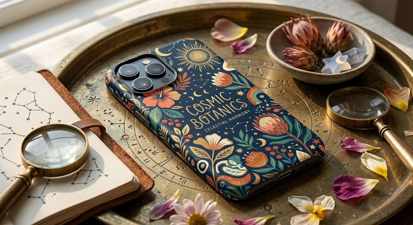 Photorealistic AI generated phone case mockup featuring custom artwork