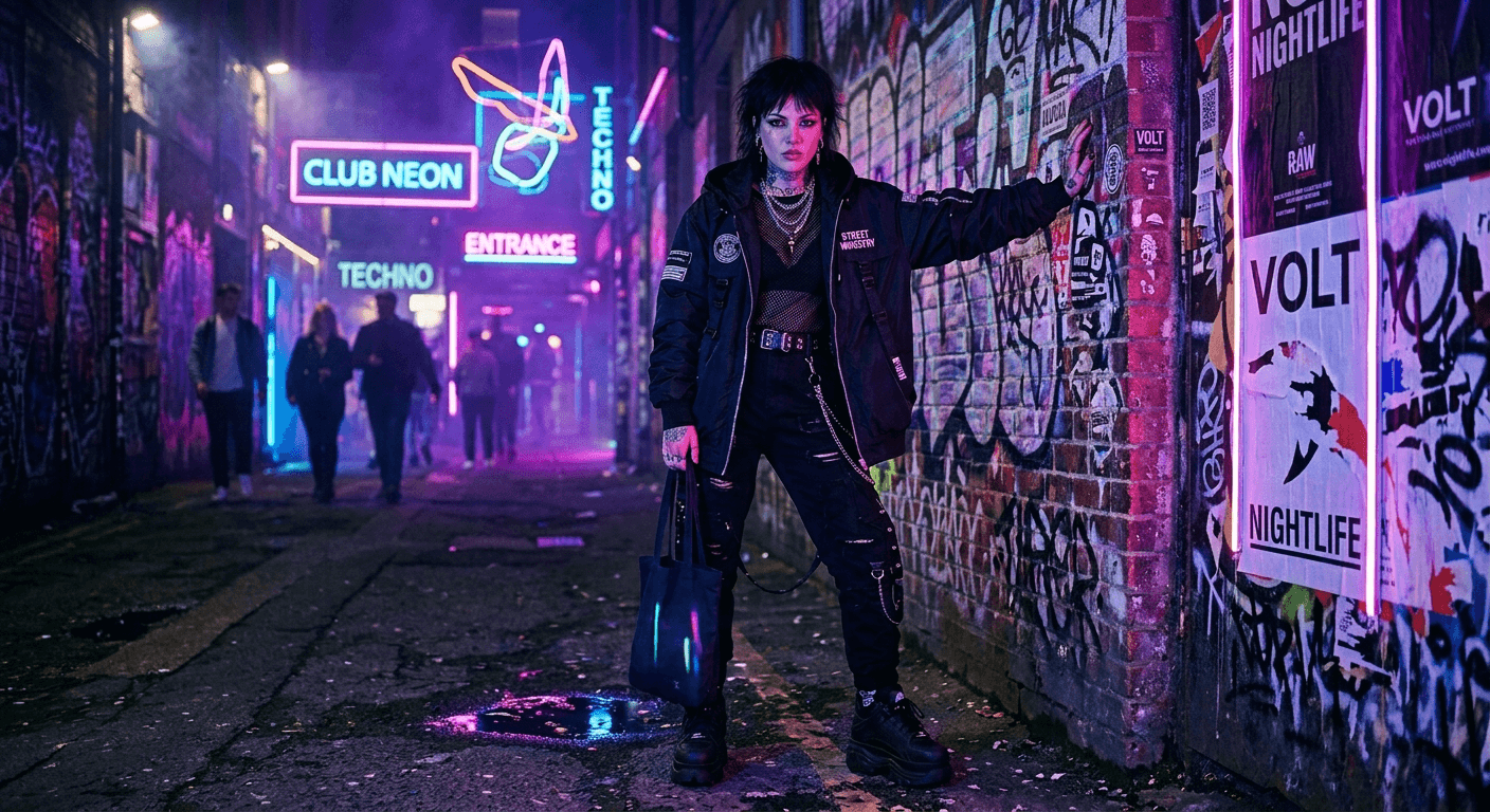 Streetwear product photography with AI generated neon light effects and glowing background by 4fashionai