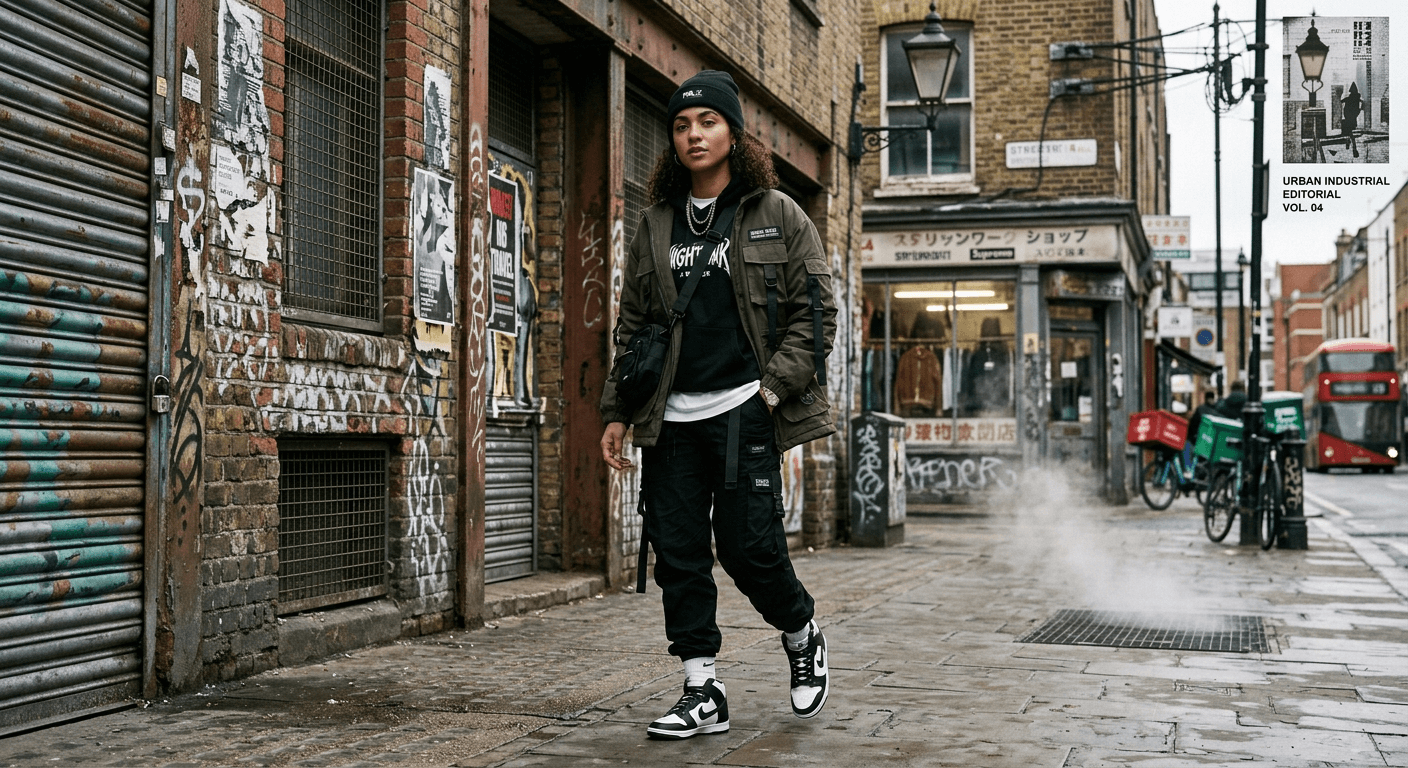 AI Rendered Place fashion products in trendy urban street settings. Brick walls, graffiti, city streets, and warehouse vibes.