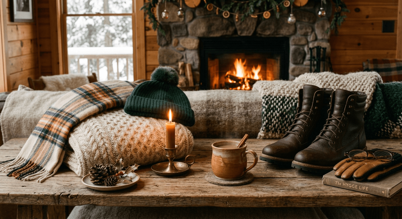 AI generated cozy winter product photography featuring warm lighting, blankets, and a fireplace