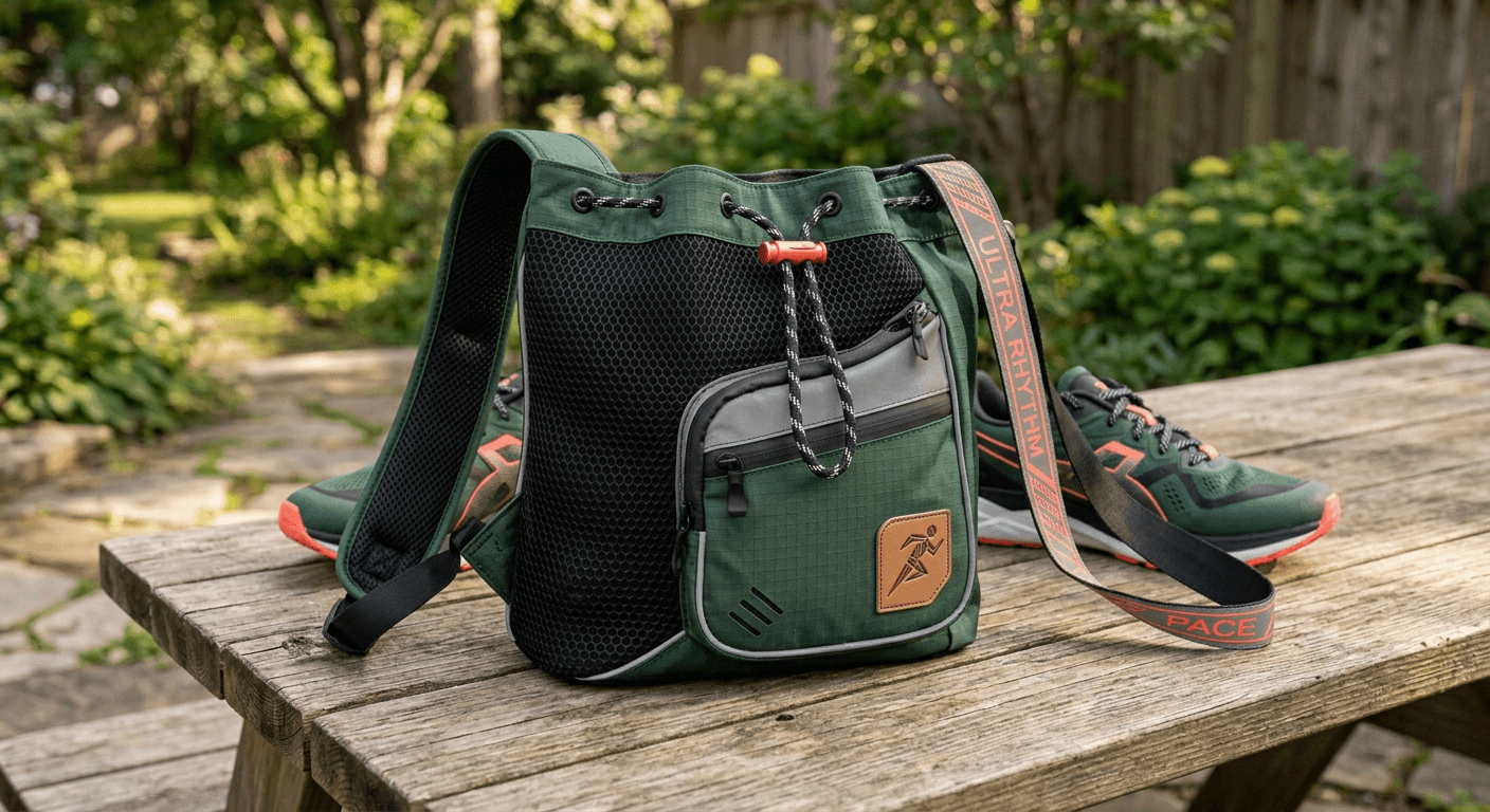 High-fidelity, AI-generated tactical running bag design with aerodynamic styling and advanced materials