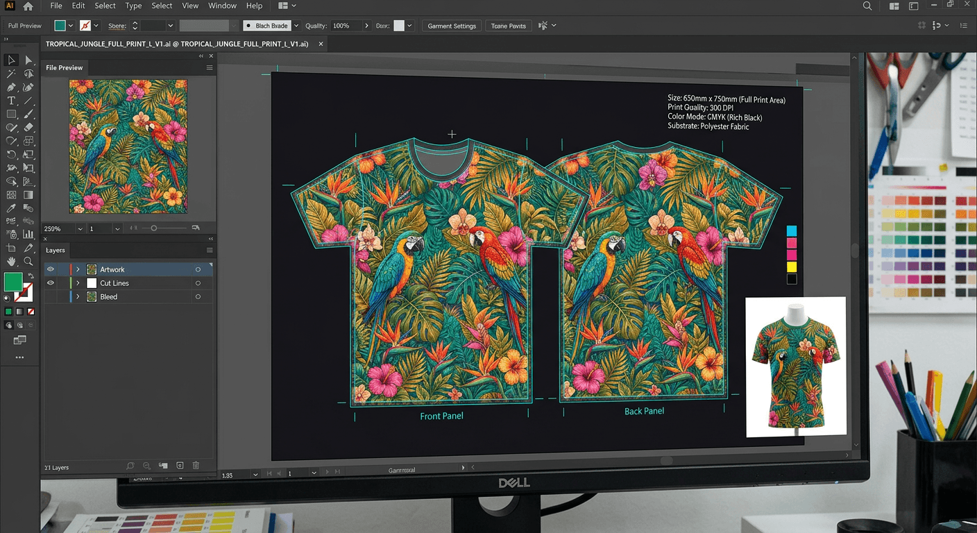 Original Preview all-over sublimation prints on garments. See edge-to-edge coverage, seam alignment, and color vibrancy.