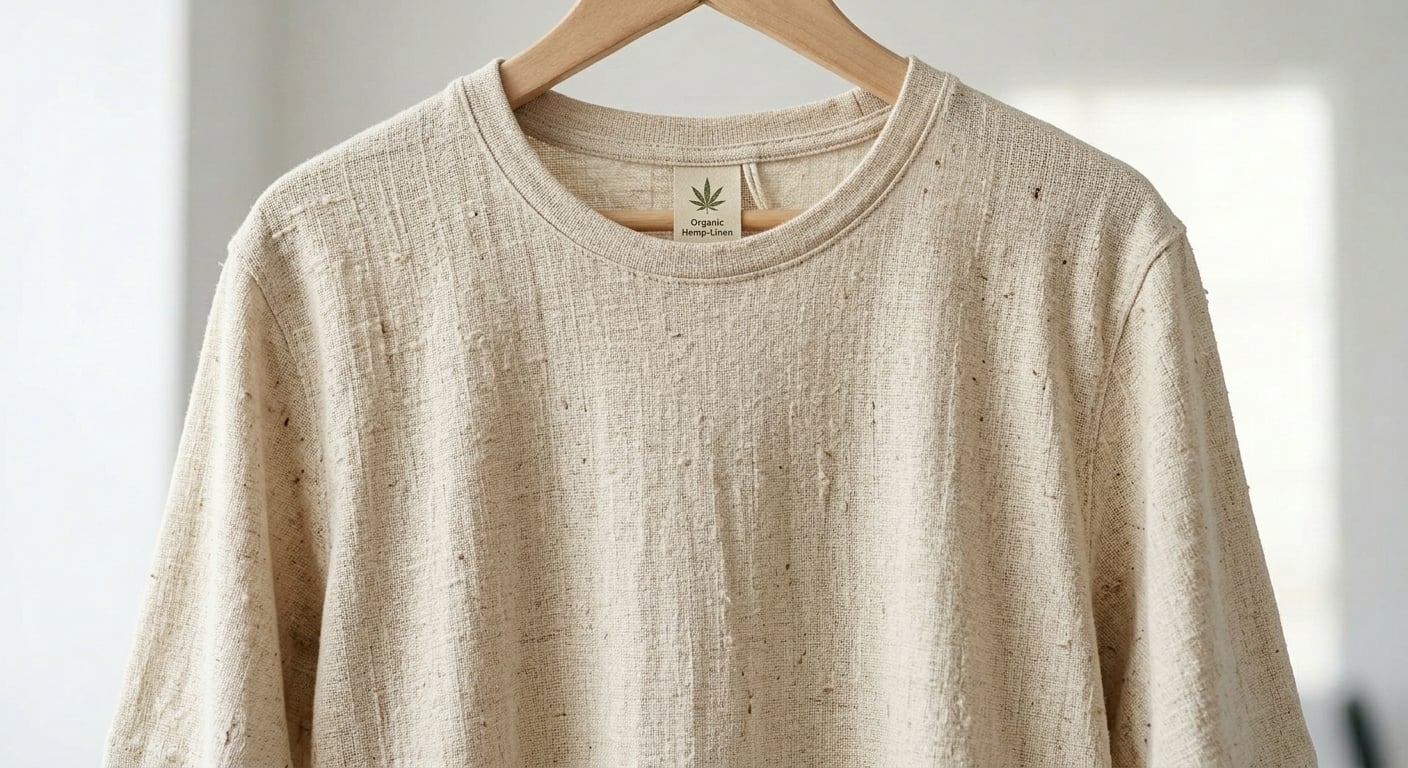 AI Rendered Preview sustainable and eco-friendly fabrics on garments. Organic cotton, recycled polyester, Tencel, and hemp visualized.