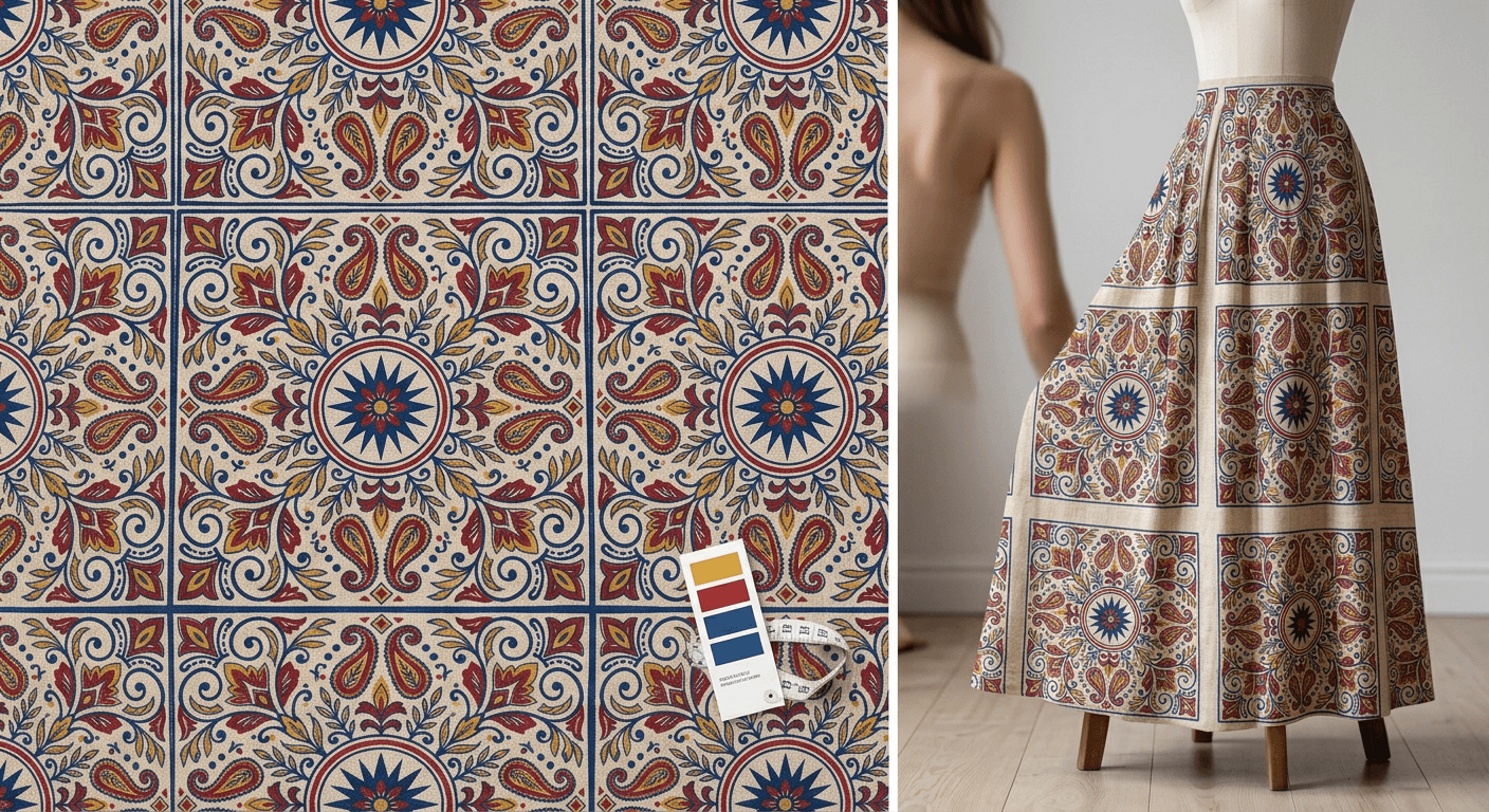 Textile pattern applied seamlessly to a fashion garment showing accurate scale and drape