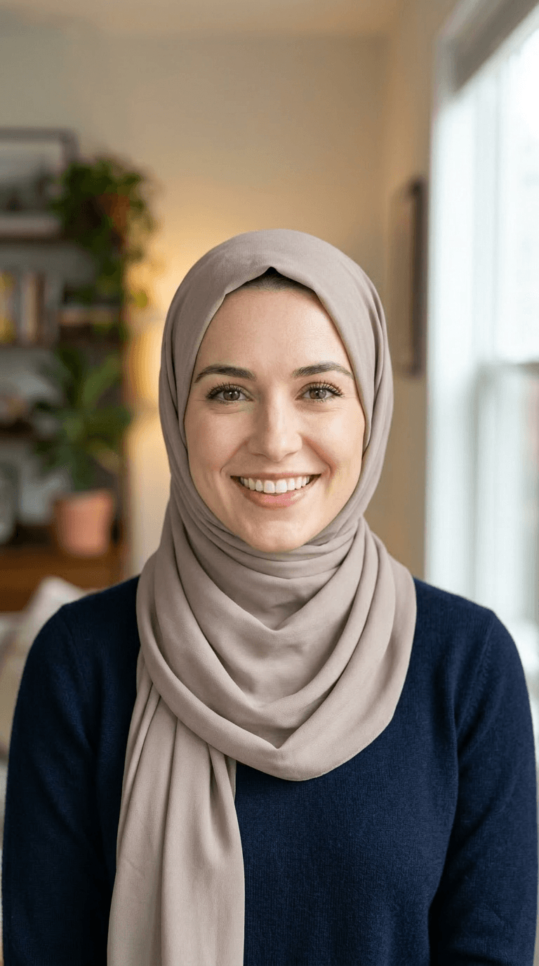 After virtual hijab styling - AI generated draped silk hijab perfectly framing the face