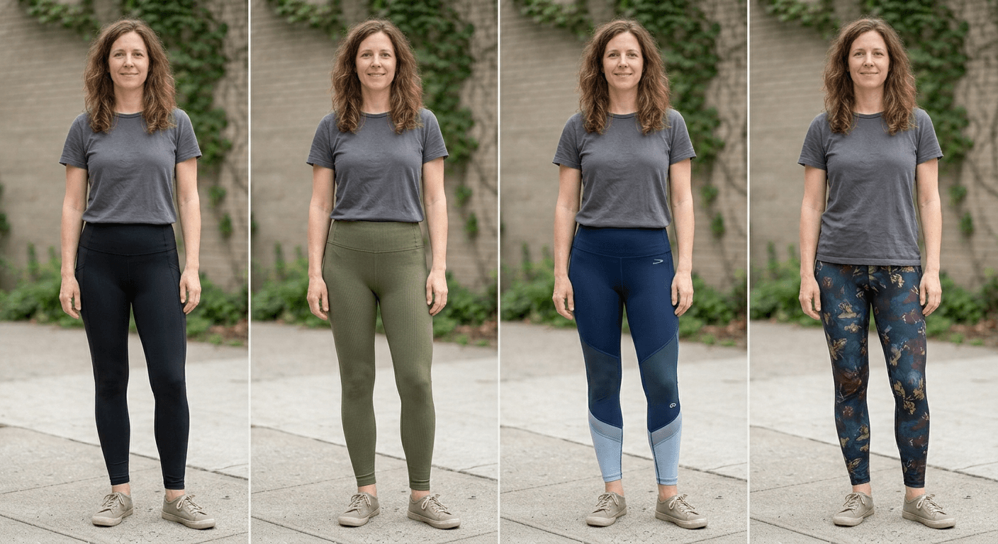 Woman virtually trying on stylish leggings using 4fashionai AI technology