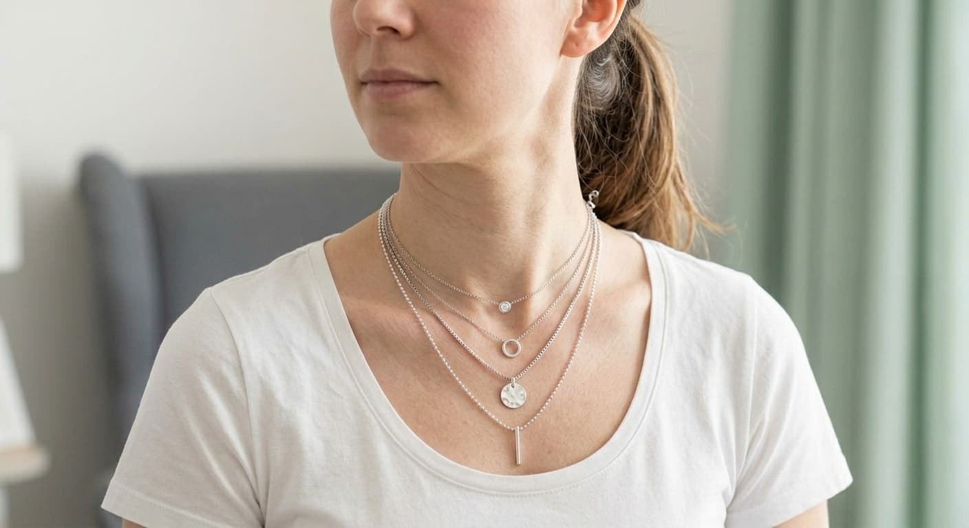 AI Rendered Preview necklace layering combinations on your neckline. Mix chains, pendants, and chokers to find the perfect stack.