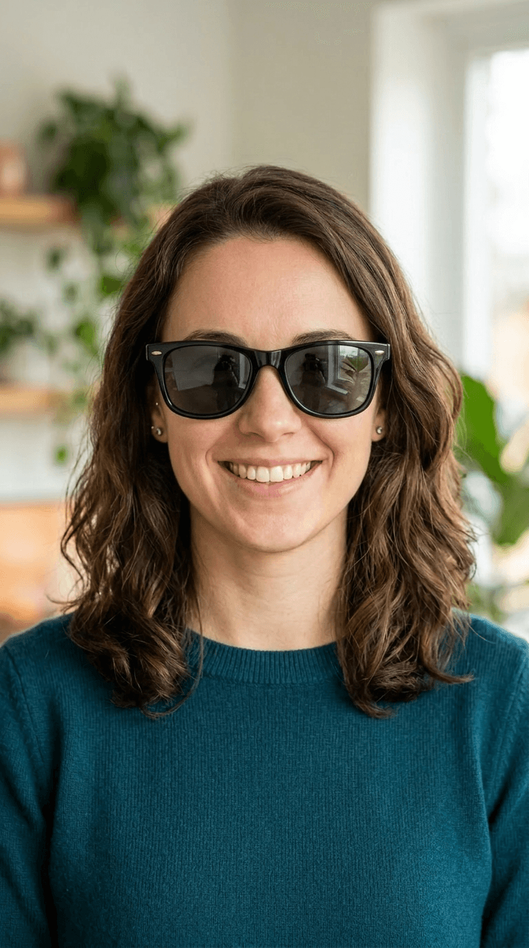 After virtual sunglasses try on - AI generated photo of the same person wearing stylish sunglasses